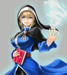  anagumasan belt blonde_hair blue_eyes book capelet female goeniko holding holding_book long_sleeves looking_at_viewer nun smile solo the_king_of_fighters wind 