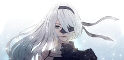  a2_(nier:automata) android armor asymmetrical_hair black_hairband blindfold blindfold_slip commentary dual_persona edamamebig female gradient_background grey_eyes hairband joints long_hair mole mole_under_mouth nier:automata nier_(series) robot_joints simple_background solo white_hair 