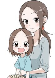  2girls absurdres blue_shirt blush brown_eyes brown_hair closed_mouth commentary_request forehead grey_sweater highres inaba_mifumi karakai_jouzu_no_(moto)_takagi-san karakai_jouzu_no_takagi-san lolicon long_hair long_sleeves looking_at_viewer mother_and_daughter multiple_girls nishikata_chii open_mouth ponytail shirt short_hair short_sleeves sidelocks simple_background sitting smile sweater takagi-san upper_body white_background 