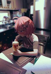  ahoge alcohol animal_ears artist_name beer black_bow black_shirt blurry blurry_background blush bob_cut bow cat_ears cat_girl chair commentary crying cup depressed depth_of_field drinking_glass english_commentary female foam folder ghost_hair_ornament hairbow highres holding holding_cup indoors kitchen nyatasha_nyanners paper pink_hair placemat print_shirt purple_eyes refrigerator restaurant shirt short_hair short_sleeves signature sitting solo t-shirt tearing_up tofumang twitter_username virtual_youtuber vshojo 