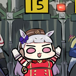  12_billion_yen_incident animal_ears armpits arms_up bow bowtie brown_headwear commentary dress female gloves gold_ship_(umamusume) hairbow horse_ears horse_girl jazz_jack long_hair looking_at_viewer lowres open_mouth photo-referenced purple_eyes purple_hair real_life red_bow red_bowtie red_dress sleeveless sleeveless_dress starting_gate takarazuka_kinen umamusume white_gloves 