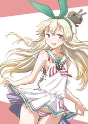  blonde_hair clothes_writing commentary_request cosplay cowboy_shot dress female fuji_(pixiv24804665) green_hairband grey_eyes hairband highres kantai_collection libeccio_(kancolle) libeccio_(kancolle)_(cosplay) long_hair looking_at_viewer neckerchief panties rensouhou-chan sailor_collar sailor_dress shimakaze_(kancolle) side-tie_dress sleeveless sleeveless_dress striped_clothes striped_neckerchief striped_panties two-tone_background underwear white_dress white_sailor_collar 