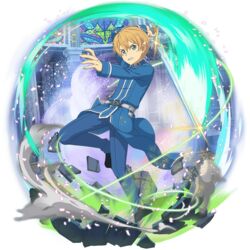  1boy arm_up belt belt_buckle black_footwear blonde_hair blue_coat blue_pants blue_rose_sword buckle clenched_teeth coat dust energy eugeo full_body glowing glowing_sword glowing_weapon highres holding holding_sword holding_weapon leg_lift long_sleeves male_focus non-web_source official_art pants school_uniform solo sword sword_art_online sword_art_online:_alicization sword_mastery_academy_school_uniform teeth transparent_background weapon white_belt 