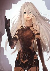  a2_(nier:automata) android aqua_eyes armlet backlighting bare_shoulders black_gloves black_shorts breasts collarbone commentary edamamebig elbow_gloves female gloves highres joints long_hair micro_shorts mole mole_under_mouth nier:automata nier_(series) robot_joints shorts simple_background small_breasts solo tank_top white_hair 