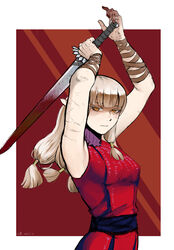  absurdres arm_wrap arms_up blonde_hair blood blood_on_hands blood_on_weapon blunt_bangs breasts bruise closed_mouth dress dungeon_meshi elf erhei233erhei eyelashes female fighting_stance gorget grey_hair hair_tubes highres holding holding_sword holding_weapon injury long_hair looking_at_viewer looking_to_the_side low-tied_long_hair milsiril_(dungeon_meshi) multiple_scars outside_border pointy_ears red_background red_dress red_theme sash scar scar_on_arm shaded_face sleeveless sleeveless_dress solo sword two-handed upper_body weapon 