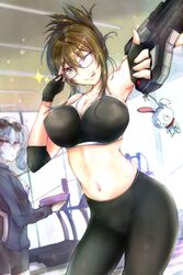  2girls bare_shoulders bike_shorts black_gloves black_shorts black_sports_bra blue_jacket breasts brown_hair cleavage collarbone crop_top elbow_gloves glasses gloves grey_hair gun highres holding holding_gun holding_weapon jacket kisaragi_chitose large_breasts midriff multiple_girls navel nine_(super_robot_wars) purple_eyes rainier_(1976636922) red_eyes shorts solo_focus sparkle sports_bra super_robot_wars super_robot_wars_v sweat tehepero tied_hair tongue tongue_out track_jacket treadmill twintails underwear v-shaped_eyebrows variant_set weapon 