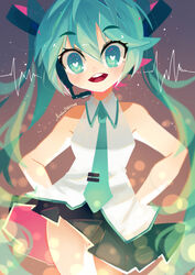  aqua_eyes aqua_hair aqua_necktie artist_name bare_shoulders black_skirt blurry blurry_background blush bright_pupils collared_shirt commentary cowboy_shot depth_of_field english_commentary eyebrows_visible_through_hair female hands_on_hips hatsune_miku headset heart heart-shaped_pupils long_hair looking_at_viewer miniskirt necktie open_mouth pleated_skirt projecttiger shirt signature skirt sleeveless sleeveless_shirt smile solo standing symbol-shaped_pupils twintails very_long_hair vocaloid white_pupils white_shirt 