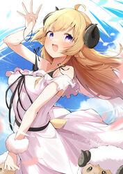  :d absurdres ahoge alternate_costume animal_ears bare_shoulders black_dress blonde_hair blue_sky blush bracelet breasts commentary dress eat_some_cookie female highres hololive horns jewelry long_hair looking_at_viewer md5_mismatch medium_breasts open_mouth purple_eyes sheep sheep_ears sheep_girl sheep_horns sheep_tail short_tail sky sleeveless sleeveless_dress smile solo strap_slip tail tsunomaki_watame virtual_youtuber watamate white_dress 