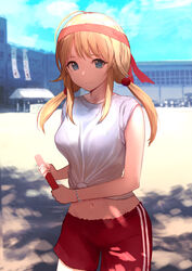  absurdres ahoge blonde_hair blue_eyes bra_visible_through_clothes bracelet breasts closed_mouth collarbone commentary_request cowboy_shot female hachimiya_meguru headband highres idolmaster idolmaster_shiny_colors jewelry kadomaki_madoka looking_at_viewer lowleg lowleg_shorts mask mouth_mask navel outdoors red_shorts relay_baton school shade shirt shorts sidelocks sky sleeves_rolled_up smile solo surgical_mask tied_shirt twintails white_shirt 