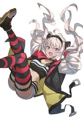  :d animal_ears antenna_hair arms_up ass badge black_jacket black_shirt breasts brown_eyes choker commentary_request crop_top fangs female floating_hair hairband highres jacket legs_up long_hair looking_at_viewer makai_no_juumin matsukai_mao matsukai_mao_(1st_costume) midriff nijisanji open_clothes open_jacket open_mouth raglan_sleeves shirt shoes short_shorts shorts simple_background small_breasts smile sneakers solo striped_clothes striped_thighhighs thigh_strap thighhighs twintails v-shaped_eyebrows virtual_youtuber white_background white_hair white_shorts 