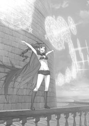  :d armpits arms_up belt bikini bikini_top_only boots breasts cape cleavage extra_pupils female front-tie_bikini_top front-tie_top greyscale groin hair_ribbon high_ponytail highres knee_boots large_breasts long_hair looking_away magic magic_circle medium_breasts monochrome multi-tied_hair novel_illustration official_art on_railing ootsuka_shin&#039;ichirou open_mouth outdoors outstretched_arms railing re:zero_kara_hajimeru_isekai_seikatsu ribbon shaula_(re:zero) short_shorts shorts sky smile standing stone_wall swimsuit third-party_source torn_cape torn_clothes v-shaped_eyebrows wall 