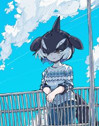  absurdres alternate_costume arm_rest black_hair blowhole blue_hair casual cetacean_tail cloud commentary contemporary day dorsal_fin female fins fish_tail floating_hair hair_over_one_eye head_fins highres kanmoku-san kemono_friends long_sleeves looking_down multicolored_hair orca_(kemono_friends) orca_girl outdoors pants parted_bangs parted_lips protected_link railing sky solo sweater tail white_hair wind yellow_eyes 