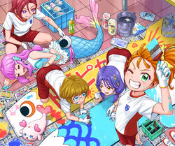  5girls :d all_fours blue_eyes bow brown_hair closed_eyes commentary from_above gloves green_eyes grin gym_uniform hairbow high_ponytail highres holding holding_brush ichinose_minori itou_shin&#039;ichi koinobori kururun_(precure) laura_la_mer laura_la_mer_(mermaid) long_hair mermaid monster_girl multiple_girls natsuumi_manatsu one_eye_closed open_mouth paint_on_body paint_on_clothes paint_splatter paint_splatter_on_face pink_hair precure purple_eyes purple_hair red_hair red_shorts shirt short_hair short_shorts shorts side_ponytail smile squatting straight_hair suzumura_sango t-shirt takizawa_asuka tropical-rouge!_precure white_gloves white_shirt windsock yellow_bow yellow_eyes 