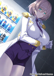  aqua_eyes arm_under_breasts artist_name blonde_hair blue_eyes breasts brown_hair corset eyes_visible_through_hair female gloves gridman_universe hellandheaven highres jacket large_breasts long_sleeves military_jacket mujina necktie patreon_username purple_corset purple_necktie purple_shorts short_hair short_necktie shorts solo ssss.dynazenon thighs vending_machine white_jacket 