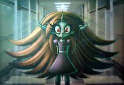  clothing confusion dress female hair hallway hi_res humanoid inside lens_flare long_hair looking_at_viewer lsd_(vrabo) not_furry red_eyes slim solo standing surprise uniform vampire vrabo young young_female young_humanoid 