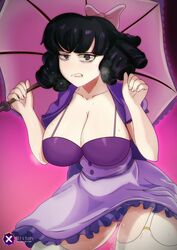  angel_glitch artist_name bags_under_eyes bow breasts cleavage creepy_suzie disgust dress female frilled_dress frills grey_eyes hairbow huge_breasts no_nose panties purple_bow purple_dress purple_hair purple_panties purple_umbrella solo the_oblongs umbrella underwear 