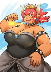  alternate_species animal_humanoid big_breasts blue_eyes bowser bowsette_meme breasts clothed clothing collar colored_nails crown dress female fire hair headgear horn huge_breasts humanoid humanoidized jewelry koopa_humanoid looking_at_viewer mario_bros meme nails nintendo ocaritna overweight overweight_female overweight_humanoid piercing red_hair red_nails rule_63 scalie scalie_humanoid smile solo spiked_collar spikes super_crown tan_body tan_skin wide_hips 