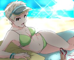  bare_arms bare_legs beach beach_towel bikini blonde_hair blue_nails bracelet breasts cleavage collarbone commentary_request day e-no-ki ear_piercing earrings feet_out_of_frame female green_bikini hoop_earrings idolmaster idolmaster_cinderella_girls jewelry looking_at_viewer lower_teeth_only lying medium_breasts nail_polish navel ocean on_side open_mouth outdoors piercing platform_footwear red_eyes sandals senzaki_ema short_hair smile solo sparkle sweat swimsuit teeth towel unworn_sandals very_short_hair visor_cap 