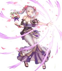  anbe_yoshirou bare_shoulders breasts bridal_gauntlets brown_eyes cleavage collarbone dress female fire_emblem fire_emblem_awakening fire_emblem_heroes floating floating_object flower full_body gloves hair_flower hair_ornament highres long_dress long_hair looking_away magic medium_breasts mermaid_dress non-web_source official_alternate_costume official_art open_mouth petals robin_(female)_(fire_emblem) robin_(female)_(valentine)_(fire_emblem) robin_(fire_emblem) sleeveless smile solo teeth toeless_footwear toes transparent_background twintails upper_teeth_only white_hair wreath 