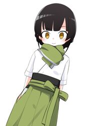  arms_behind_back bad_id bad_twitter_id black_hair double_bun dougi female green_hakama green_scarf hair_bun hakama highres hip_vent inactive_account japanese_clothes kantai_collection looking_at_viewer nassukun orange_eyes scarf simple_background smile solo un&#039;you_(kancolle) white_background yawata_maru_(kancolle) 