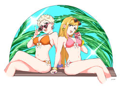  2girls absurdres arm_support artist_name bare_arms bare_legs bikini blonde_hair blue_sky bow bow_bikini bracelet breasts brown_eyes cleavage commentary_request cropped_legs crossed_legs diffraction_spikes e-no-ki ear_piercing earrings eyewear_on_head feet_out_of_frame fujimoto_rina grey_eyes halterneck hand_up heart heart-shaped_eyewear highres holding holding_stuffed_toy hoop_earrings idolmaster idolmaster_cinderella_girls jewelry leaf legs long_hair looking_at_viewer looking_over_eyewear medium_breasts multiple_girls nail_polish navel open_mouth orange_bikini orange_hair piercing pink_bikini pink_nails senzaki_ema short_hair side-tie_bikini_bottom sitting sky smile stomach stuffed_animal stuffed_toy sunglasses swimsuit teddy_bear teeth upper_teeth_only very_short_hair white_background white_bow 