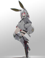  absurdres animal_ears black_ribbon blunt_bangs chainsaw closed_mouth commentary female grey_background grey_jacket hair_ribbon hands_in_pockets highres jacket long_sleeves looking_at_viewer mecha_musume mechanical_ears mechanical_legs mechanical_tail medium_hair no_pants oota_youjo original rabbit_ears rabbit_tail red_eyes ribbon solo standing standing_on_one_leg tail thigh_strap white_hair 