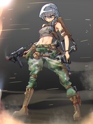  battlefield belt belt_pouch boots braid breasts brown_belt brown_footwear camouflage camouflage_pants closed_mouth collaboration commentary_request dual_wielding explosive female full_body green_pants grenade grey_eyes grey_hair gun holding holding_gun holding_weapon kitsunerider long_hair looking_to_the_side medium_breasts military navel original pants pouch side_braid single_braid smoke smoking_barrel solo standing stggc submachine_gun thick_eyebrows v-shaped_eyebrows weapon 