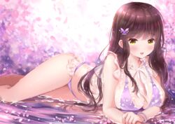  bare_shoulders bead_bracelet beads bikini bracelet breasts brown_hair cleavage collarbone commentary_request female fujimori_shiki hair_ornament jewelry large_breasts long_hair looking_at_viewer lying open_mouth original purple_bikini see-through smile solo sparkle swimsuit thighs water yellow_eyes 