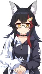  animal_ear_fluff animal_ears bad_id bad_pixiv_id black-framed_eyewear black_choker black_hair black_hoodie blush bone_hair_ornament breasts choker collarbone dated female flipped_hair glasses hair_between_eyes hair_ornament highres hololive hood hoodie long_hair looking_at_viewer multicolored_hair official_alternate_costume ookami_mio ookami_mio_(casual) otaku_heishi red_hair semi-rimless_eyewear simple_background solo streaked_hair tail twitter_username two-tone_hoodie very_long_hair virtual_youtuber white_background white_hoodie wolf_ears wolf_girl wolf_tail yellow_eyes 