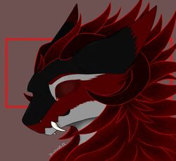  anthro brunnyz closed_eyes digital_media_(artwork) ears_back fangs feral fur headshot_portrait horn male pivoted_ears portrait red_body red_fur simple_background sirfappingson solo tame teeth wickerbeast 