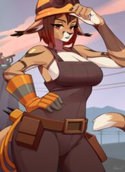  absurd_res anthro armor ashley_(mutagen) caracal caracal_(genus) clothing countershading eyewear felid feline female glasses gloves hair handwear headgear helmet hi_res kinuli machine mammal mountain red_eyes red_hair solo tattoo team_fortress_2 turret valve worksuit 