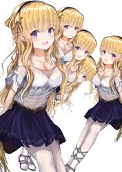  4girls absurdres alternate_costume arm_behind_back bad_id bad_twitter_id blonde_hair blouse blue_eyes blue_skirt breasts cleavage commentary_request double_bun fletcher_(kancolle) fletcher_mk_ii_(kancolle) hair_bun hair_ornament hairband highres kantai_collection large_breasts leaning_forward long_hair multiple_girls multiple_persona numarinko pantyhose pleated_skirt shirt simple_background skirt star_(symbol) star_hair_ornament white_background white_legwear white_shirt 