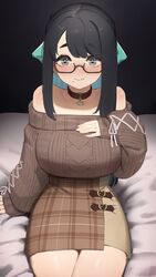  absurdres aran_sweater asymmetrical_bangs bare_shoulders black_hair blue_hair blush borrowed_character breasts brown-framed_eyewear brown_sweater cable_knit choco-chan choker colored_inner_hair commentary english_commentary fang_out female fingernails glasses green_eyes heart heart-shaped_pupils heart_choker highres large_breasts legs_together long_hair looking_at_viewer making-of_available mole mole_under_mouth multicolored_hair no_bra nose_blush oerba_yun_fang off-shoulder_sweater off_shoulder on_bed original plaid plaid_skirt semi-rimless_eyewear sitting skirt solo sweater symbol-shaped_pupils tostantan two-tone_hair under-rim_eyewear variant_set 