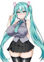  aqua_eyes aqua_hair asanagi_(style) blush breasts covered_nipples female hatsune_miku highres huge_breasts kishin_tatu long_hair looking_at_viewer skindentation smile solo thick_thighs thighhighs thighs twintails v vocaloid 