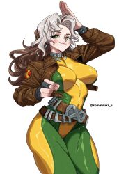  absurdres belt bodysuit breasts brown_hair colored_bangs female gloves green_bodysuit green_eyes highres jacket komatsuki_n large_breasts long_hair looking_at_viewer marvel marvel_rivals multicolored_bodysuit multicolored_hair rogue_(x-men) smile solo superhero_costume two-tone_bodysuit two-tone_hair white_hair x-men yellow_bodysuit yellow_gloves 