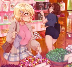  2girls ^^^ artist_name ass bag black_shirt black_shorts blonde_hair blush borrowed_character brown_eyes brown_hair candy candy_hair_ornament earrings english_text ferrero food food-themed_hair_ornament hair_bun hair_ornament hairclip highres indoors jacket jar jewelry kinder_surprise lollipop long_sleeves looking_at_another merunyaa multiple_girls nose_blush open_mouth original pink_shirt plaid plaid_skirt pointing sammy_(bestsammy) shirt short_hair shorts shoulder_bag signature single_hair_bun skirt sweets swirl_lollipop tied_shirt watermark yellow_eyes 