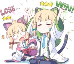  2girls animal_ear_headphones animal_ears arms_up blonde_hair blue_archive blue_necktie cat_ear_headphones cat_tail closed_eyes commentary_request crying crying_with_eyes_open fake_animal_ears guriin handheld_game_console headphones highres jacket midori_(blue_archive) momoi_(blue_archive) multiple_girls necktie open_mouth partial_commentary playstation_portable school_uniform seiza short_hair siblings simple_background sisters sitting tail tears thighhighs twins white_background 