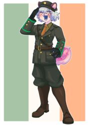  absurd_res anthro belt blue_hair boots canid canine canis clothing cuff_links curled_tail domestic_dog footwear garreth_(thedgamesd) gesture hair hat headgear headwear hi_res husky irish_flag irish_republican_army jacket kachirisu male mammal military_uniform necktie nordic_sled_dog saeminari salute solo spitz tail topwear uniform 