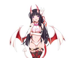  :d arm_under_breasts ass_visible_through_thighs black_hair black_thighhighs blunt_bangs braid breast_hold breasts cleavage cowboy_shot crown_braid demon_girl demon_tail elbow_gloves eyeliner female fingerless_gloves floral_print gloves hand_on_own_cheek hand_on_own_face horns large_breasts long_hair low_wings makeup mask mask_on_head midriff navel non-web_source open_mouth purple_eyes sakura_succubus sideboob sidelocks smile solo tail thigh_gap thighhighs transparent_background wanaca white_gloves wings yamamoto_hifumi 