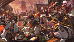  2020 aak_(arknights) alcohol amber_eyes animal_humanoid anthro arknights beer beverage black_body black_hair bovid bovid_humanoid breasts canid canine canis city clothed clothing day detailed_background domestic_dog eating eyewear felid female food food_tray fur glasses group hair hi_res holding_object horn humanoid hung_(arknights) hypergryph male mammal mammal_humanoid multicolored_body multicolored_fur multicolored_hair orange_body orange_fur orange_hair outside pantherine short_hair studio_montagne thezentlion tiger waaifu_(arknights) white_body white_fur white_hair 