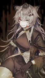  absurdres animal_ears arknights black_gloves black_jacket black_shirt black_shorts blood blood_on_face breasts female gloves grey_eyes grey_hair grin hair_between_eyes hair_ornament hairclip highres jacket lappland_(arknights) long_hair looking_at_viewer medium_breasts open_clothes open_jacket rau_ma_(the_rauma001) sharp_teeth shirt short_shorts shorts signature smile solo teeth very_long_hair 