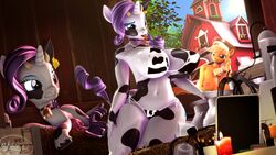  16:9 3d_(artwork) 4k absurd_res alternate_species animal_print anthro applejack_(mlp) barn big_breasts bikini biped bovid bovine breasts clothing collar cow_print cowbell digital_media_(artwork) ear_piercing ear_tag equid equine facial_piercing fan_character female feral friendship_is_magic group hasbro hi_res horn huge_breasts hybrid mammal my_little_pony mythological_creature mythological_equine mythology nose_piercing nose_ring piercing raricow_(mlp) rarity_(mlp) ring_piercing side-tie_bikini string_bikini swimwear teats udders unicorn whiteskyline wide_hips widescreen 