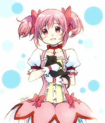  amy_(madoka_magica) animal artist_name bubble_skirt buttons choker collarbone commentary_request dot_nose feline female flat_chest frills gloves hair_ribbon happy head_tilt holding holding_animal holding_cat jun_(j_u_n0) kaname_madoka kaname_madoka_(magical_girl) light_blush looking_at_viewer magical_girl mahou_shoujo_madoka_magica mahou_shoujo_madoka_magica_(anime) parted_lips pink_eyes pink_hair pink_ribbon polka_dot polka_dot_background puffy_short_sleeves puffy_sleeves red_choker red_ribbon ribbon ribbon_choker short_sleeves short_twintails simple_background skirt smile solo soul_gem tareme twintails white_background white_gloves white_skirt 