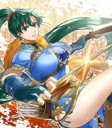  arrow_(projectile) blurry bow_(weapon) clenched_teeth delsaber depth_of_field earrings female fingerless_gloves fire_emblem fire_emblem:_the_blazing_blade fire_emblem_heroes fur_trim gloves green_eyes green_hair highres jewelry long_hair looking_at_viewer lyn_(brave_lady)_(fire_emblem) lyn_(fire_emblem) necklace ponytail quiver rope_belt solo teeth thighs weapon 