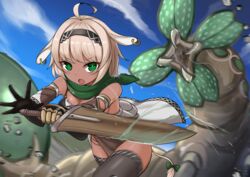  ahoge animal_ears bare_shoulders black_gloves black_hairband black_thighhighs blue_sky blurry blurry_background bow breasts cleavage cloud commentary_request dark-skinned_female dark_skin day depth_of_field ear_piercing female gauntlets gloves green_bow green_eyes hairband highres holding holding_sword holding_weapon light_brown_hair looking_at_viewer medium_breasts monster open_mouth outdoors piercing pixiv_fantasia pixiv_fantasia_mountain_of_heaven rumiya9i saliva single_gauntlet sky solo sword tail tail_bow tail_ornament thighhighs v-shaped_eyebrows weapon 