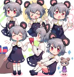  &gt;_&lt; 2girls ? animal_ears black_shirt blouse blue_eyes blush blush_stickers candy chocolate chocolate_bar closed_eyes closed_mouth cookie_(touhou) crystal fake_nyon_(cookie) flour food full_body grey_hair grey_skirt grey_vest hair_between_eyes jewelry looking_at_viewer looking_to_the_side mouse_ears mouse_tail multiple_girls multiple_views nazrin nyon_(cookie) open_mouth pendant purple_skirt purple_vest red_eyes shirt short_hair skirt smile table tail touhou vest white_background white_shirt xox_xxxxxx 