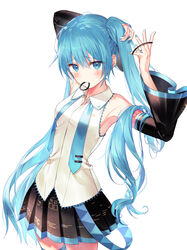  aqua_eyes aqua_hair aqua_nails aqua_necktie arm_tattoo bad_id bad_pixiv_id black_skirt blush commentary cowboy_shot detached_sleeves female hair_tie hair_tie_in_mouth hatsune_miku kh_(kh_1128) long_hair mouth_hold nail_polish necktie number_tattoo pleated_skirt shirt simple_background skirt sleeveless sleeveless_shirt solo tattoo twintails tying_hair untied very_long_hair vocaloid white_background 