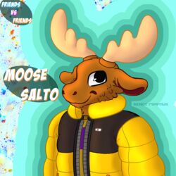  1:1 ambiguous_gender anthro antlers clothed clothing coat deer digital_media_(artwork) english_text female_(lore) friends_vs_friends hi_res horn looking_up mammal moose moose_salto new_world_deer sergefoxpaws signature smile solo text topwear 