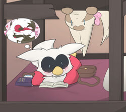  bag bed blush book clothing delibird delta-eon female feral foglia_(wanderlust) furniture generation_2_pokemon generation_3_pokemon generation_5_pokemon generation_7_pokemon group hat headgear headwear heart_symbol hybrid linoone lycanroc midnight_lycanroc neck_ribbon nintendo pillow pokemon pokemon_(species) pokemon_mystery_dungeon reading scarlet_mauve semi-anthro simple_background spike_chunsoft tinsel_(wanderlust) wanderlust zoroark 