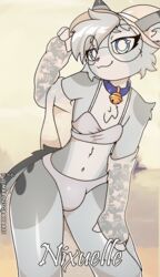  anthro beach bell bell_collar bikini bikini_bottom bikini_top blue_collar blue_eyes bottomwear bulge clothed clothing collar coy crossdressing digital_media_(artwork) dipstick_ears domestic_cat ear_markings egyptian_mau eyewear felid feline felis femboy fur glasses gold_bell grey_body hair hand_on_hat hat headgear headwear hi_res leaning leaning_forward looking_at_viewer male mammal marcus_gray markings midriff mostly_nude multicolored_ears multicolored_tail navel nixuelle outside pattern_clothing sand seaside simple_background sky sleeves smile solo spots spotted_markings summer_coat summer_hat swimwear tail tail_markings topwear tuft two_tone_tail water 